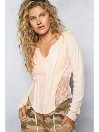 Pink Lace Panel Outseam Long Sleeve Top