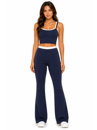 Blue Contrast Trim Sports Bra and Flared Leggings Set