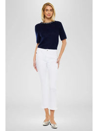 High Rise Cropped Kick Flare White Jeans with Side Slit Hem