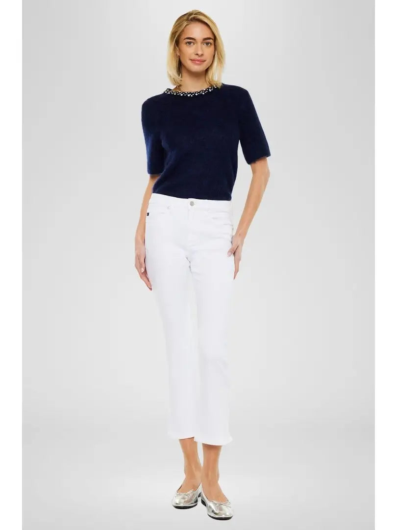 High Rise Cropped Kick Flare White Jeans with Side Slit Hem