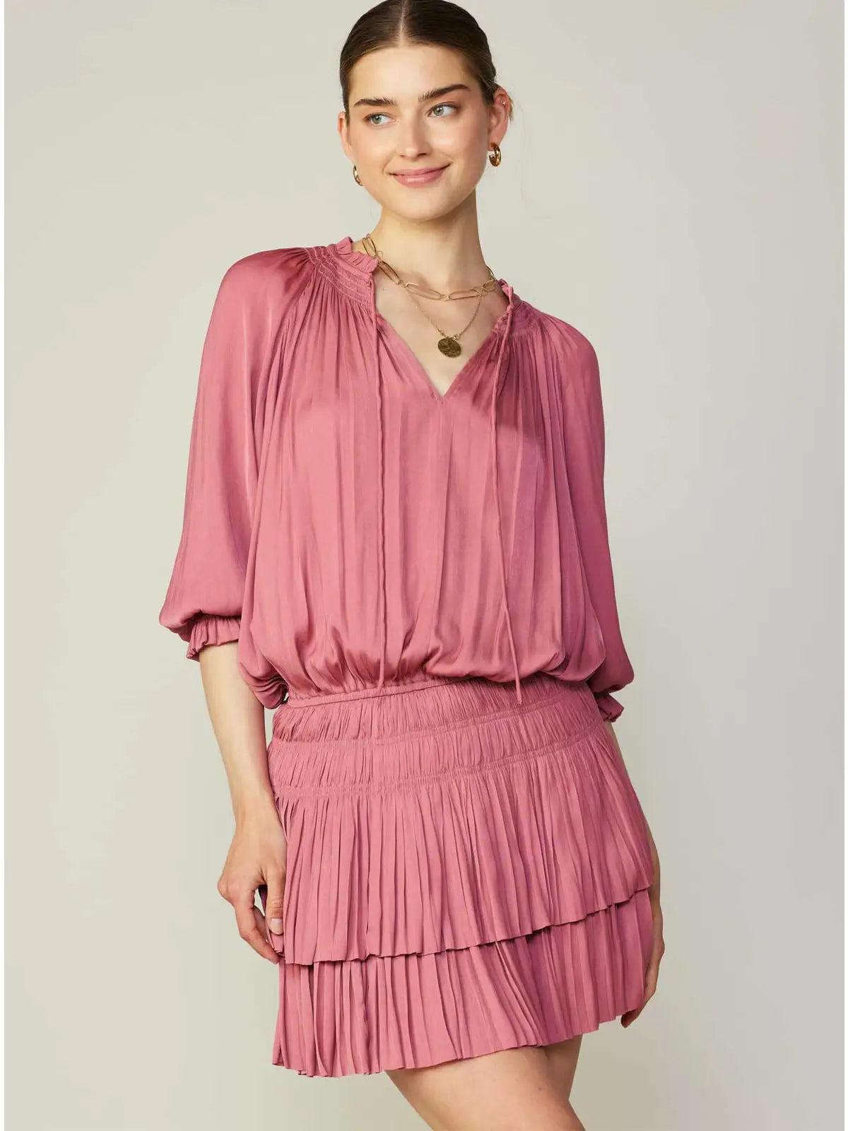Dusty Rose Pleated Tiered Mini Dress with Smocked Waist