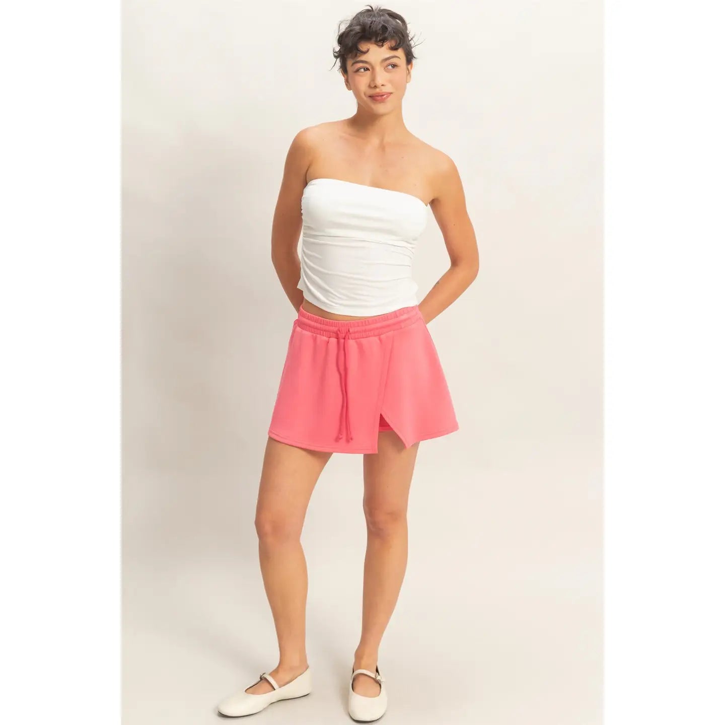 Pink Lounge Skort with Drawstring Waist and Side Slit