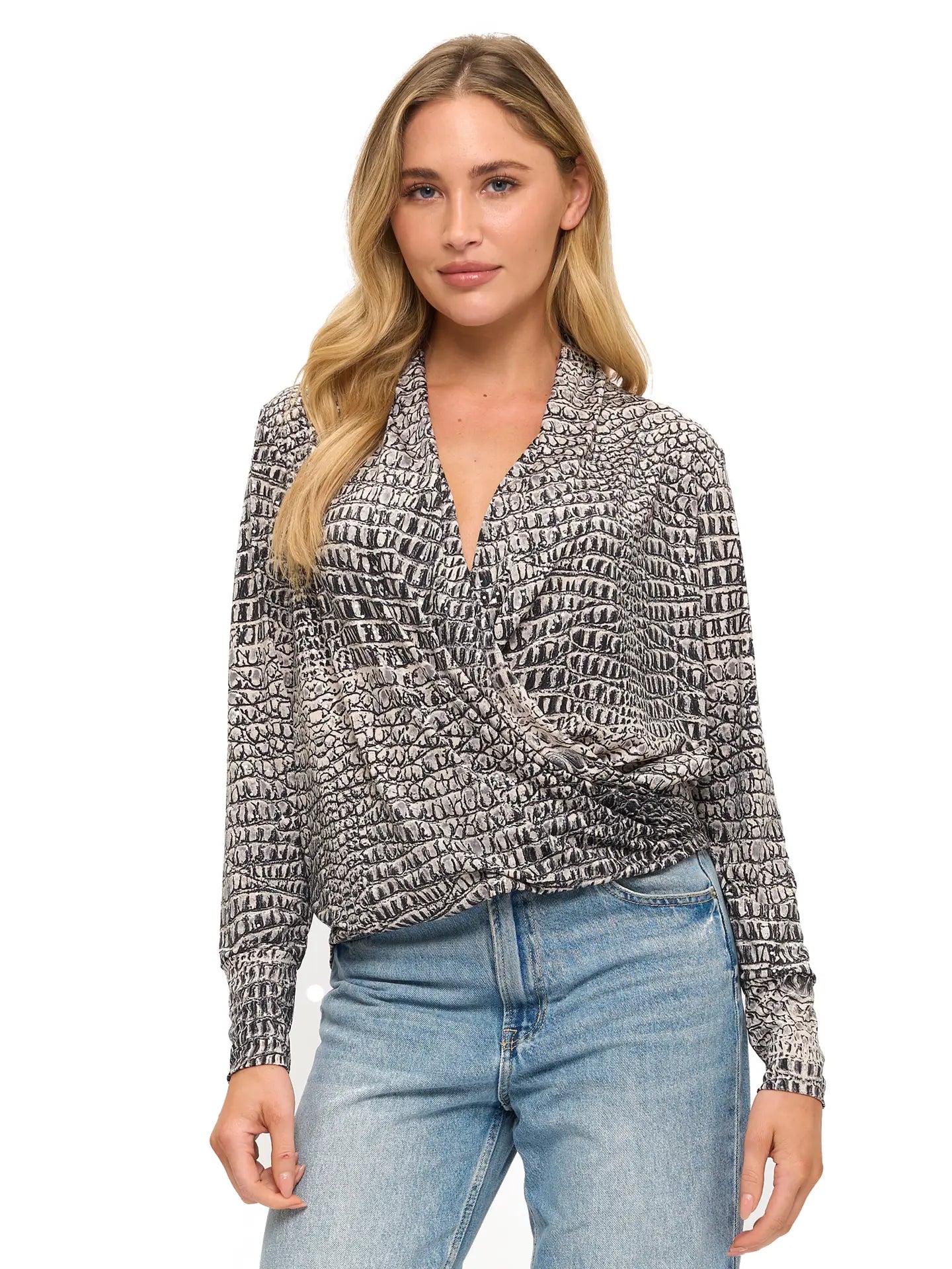 Animal Print Wrap Front Long Sleeve Blouse Top