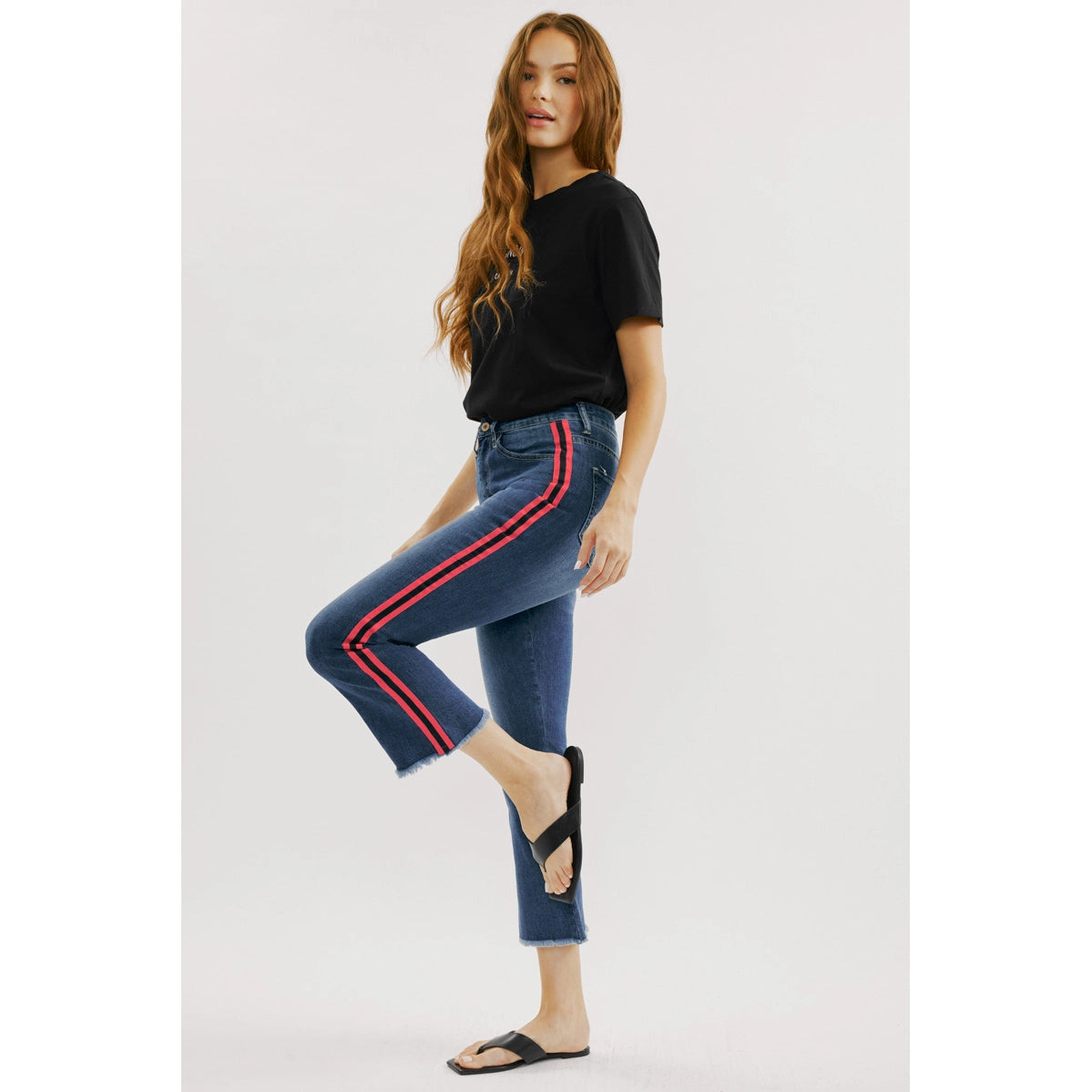High Rise Cropped Flare Jeans with Contrast Side Stripe Detail