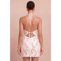 Black Lace Halter Mini Dress with Open Back Tie Detail
