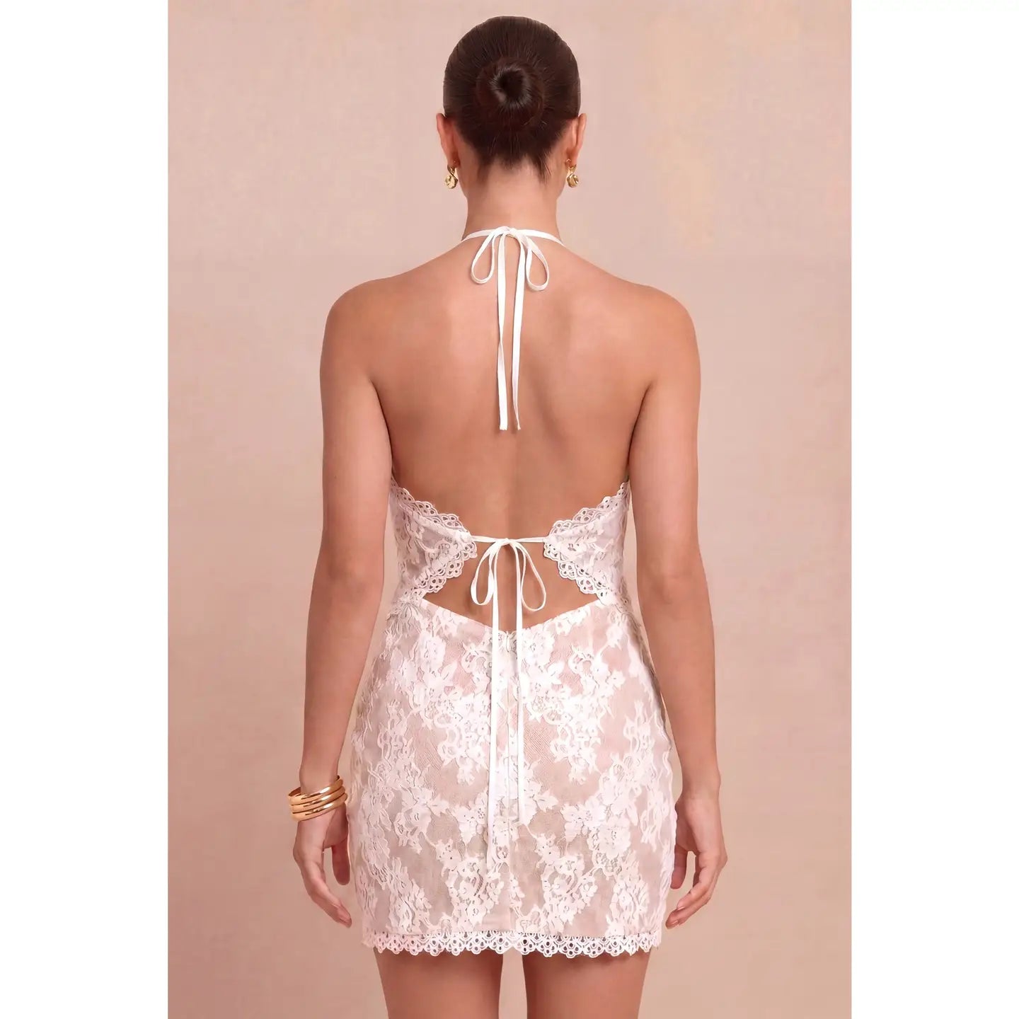Black Lace Halter Mini Dress with Open Back Tie Detail