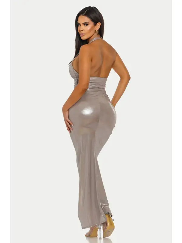 Liquid Shine Halter Ruched High Slit Maxi Dress