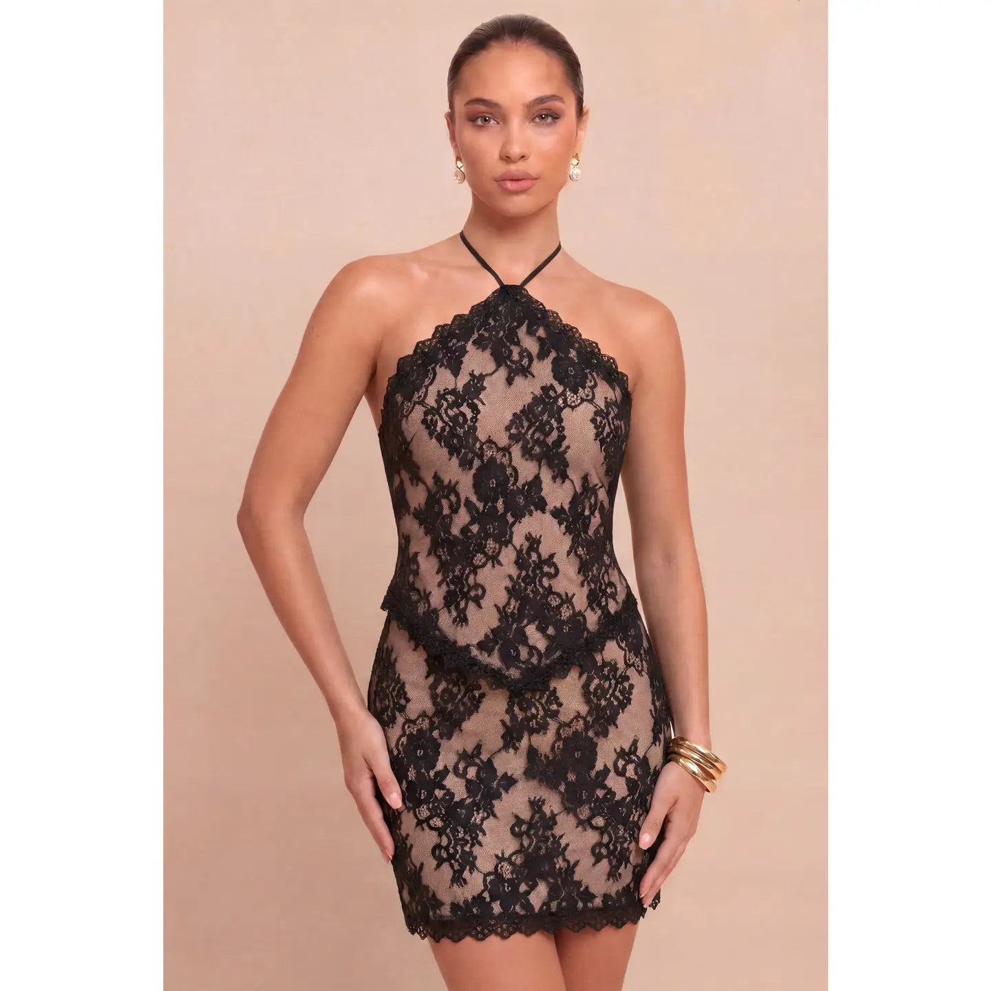 Black Lace Halter Mini Dress with Open Back Tie Detail