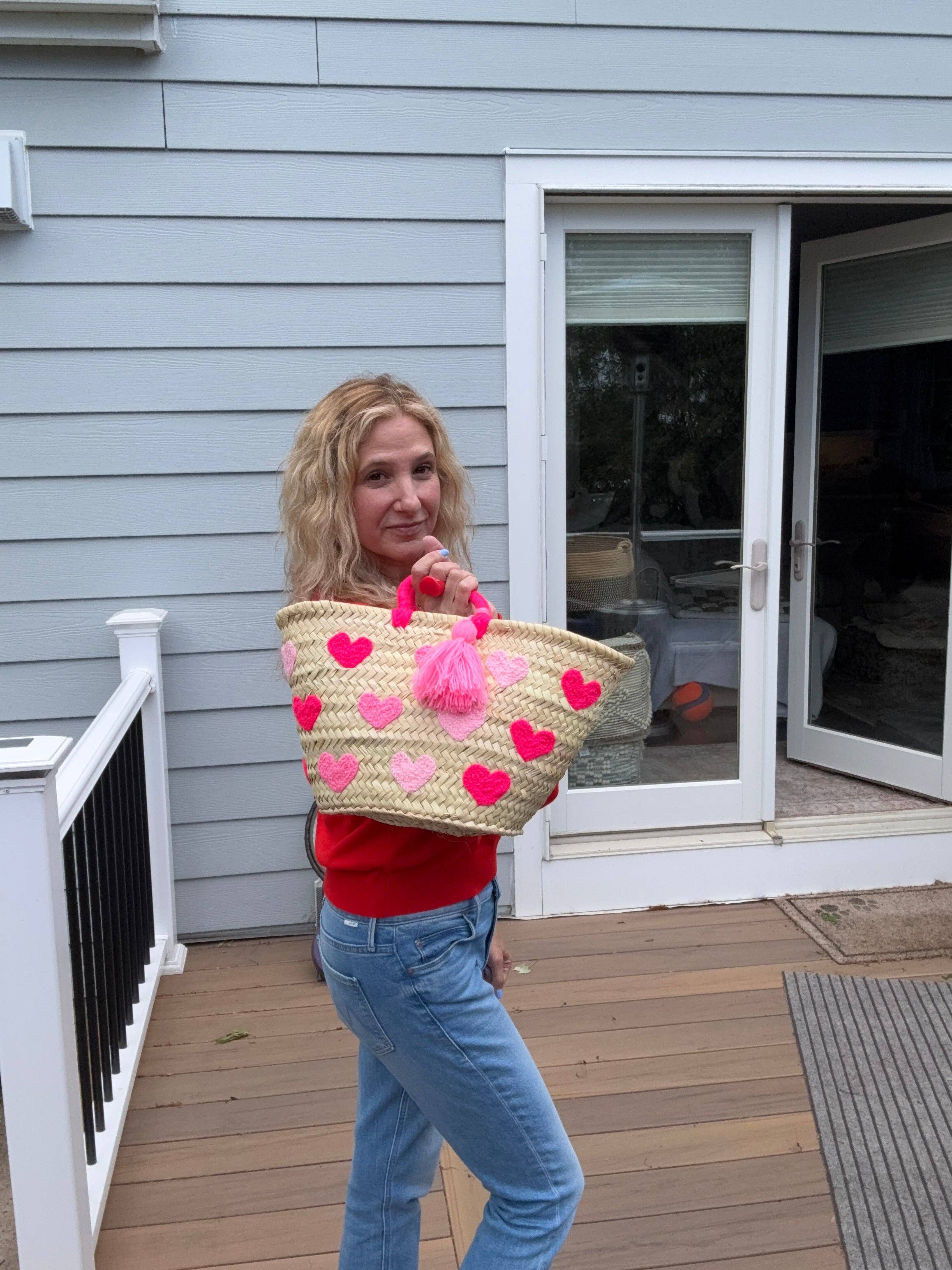 Hand crafted raffia tote bags: Pink hearts