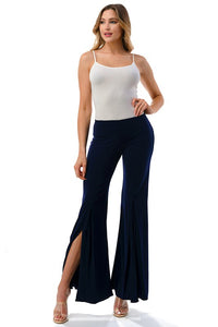 Navy Blue High-Waist Flare Pants with Side Slit Detail