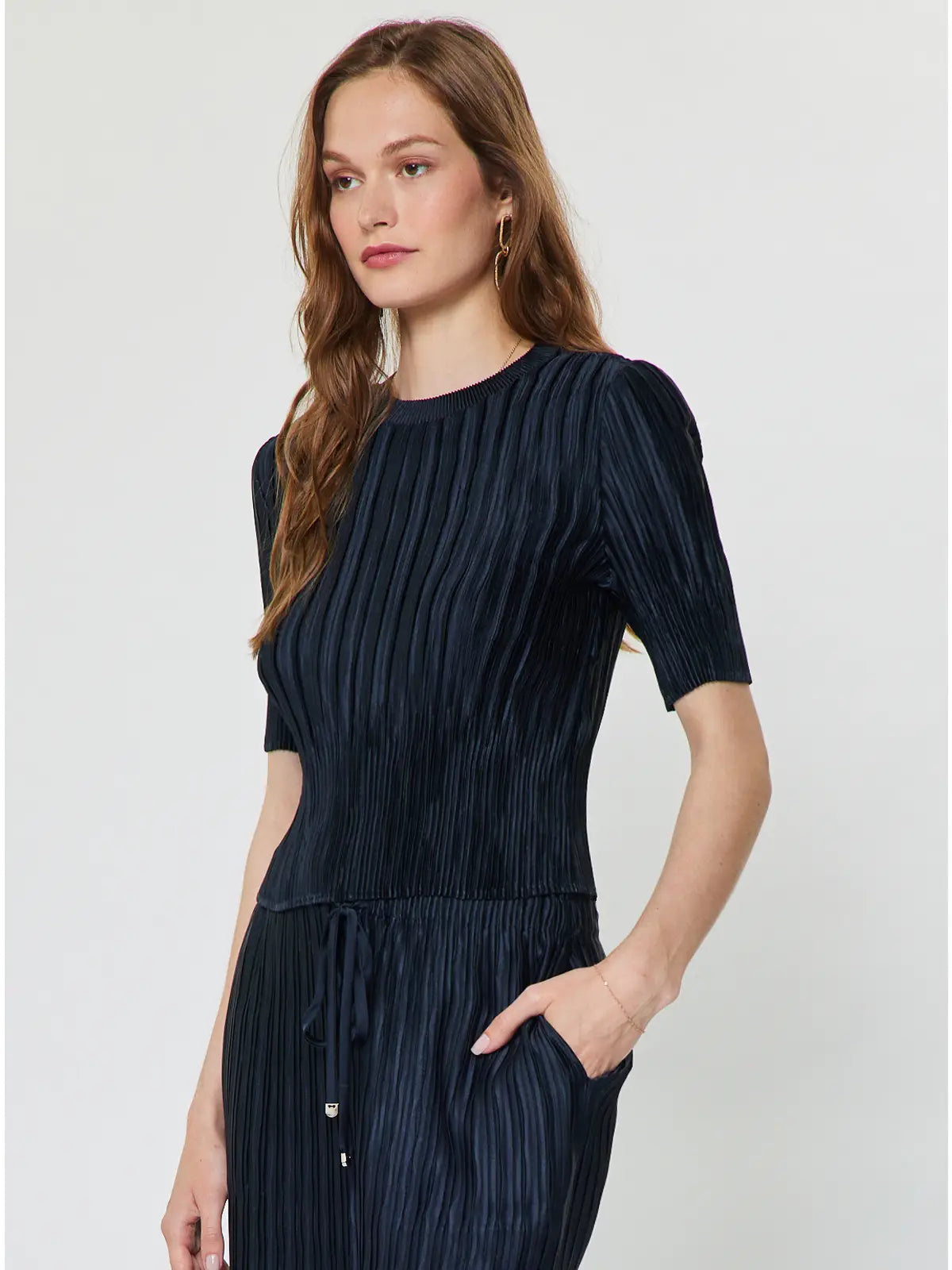 Pleated Textured Short Sleeve Knit Top Navy
