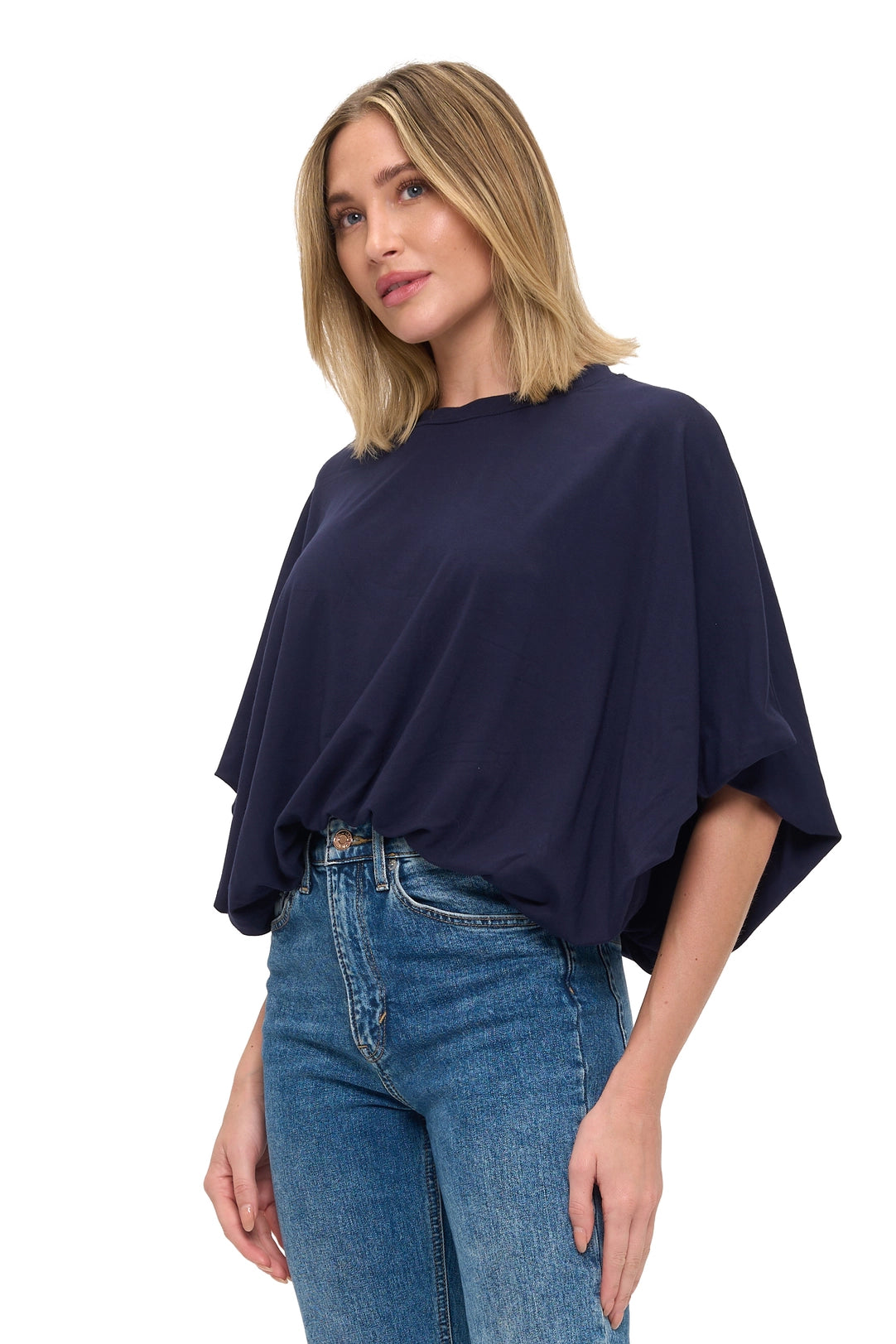 Navy Blue Relaxed Fit Short Sleeve Dolman Top