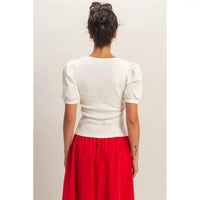 White Puff Sleeve Scoop Neck Fitted Top