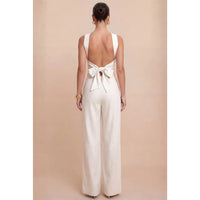 White Twist Neck Wide Leg Jumpsuit with Open Back Bow Detail
