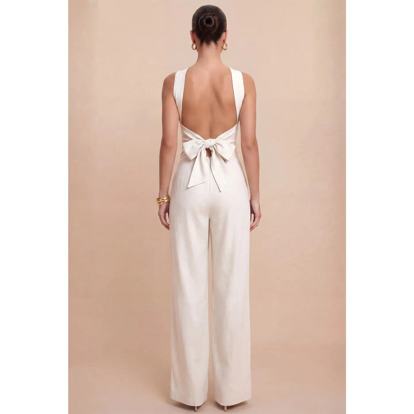 White Twist Neck Wide Leg Jumpsuit with Open Back Bow Detail