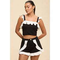 Black and White Ruffle Trim Crop Top and Shorts Set