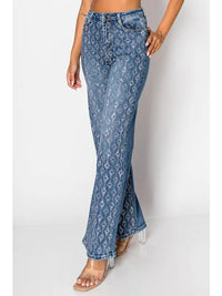 Wide-Leg Denim Jeans with Silver Sequin Geometric Pattern Light Blue