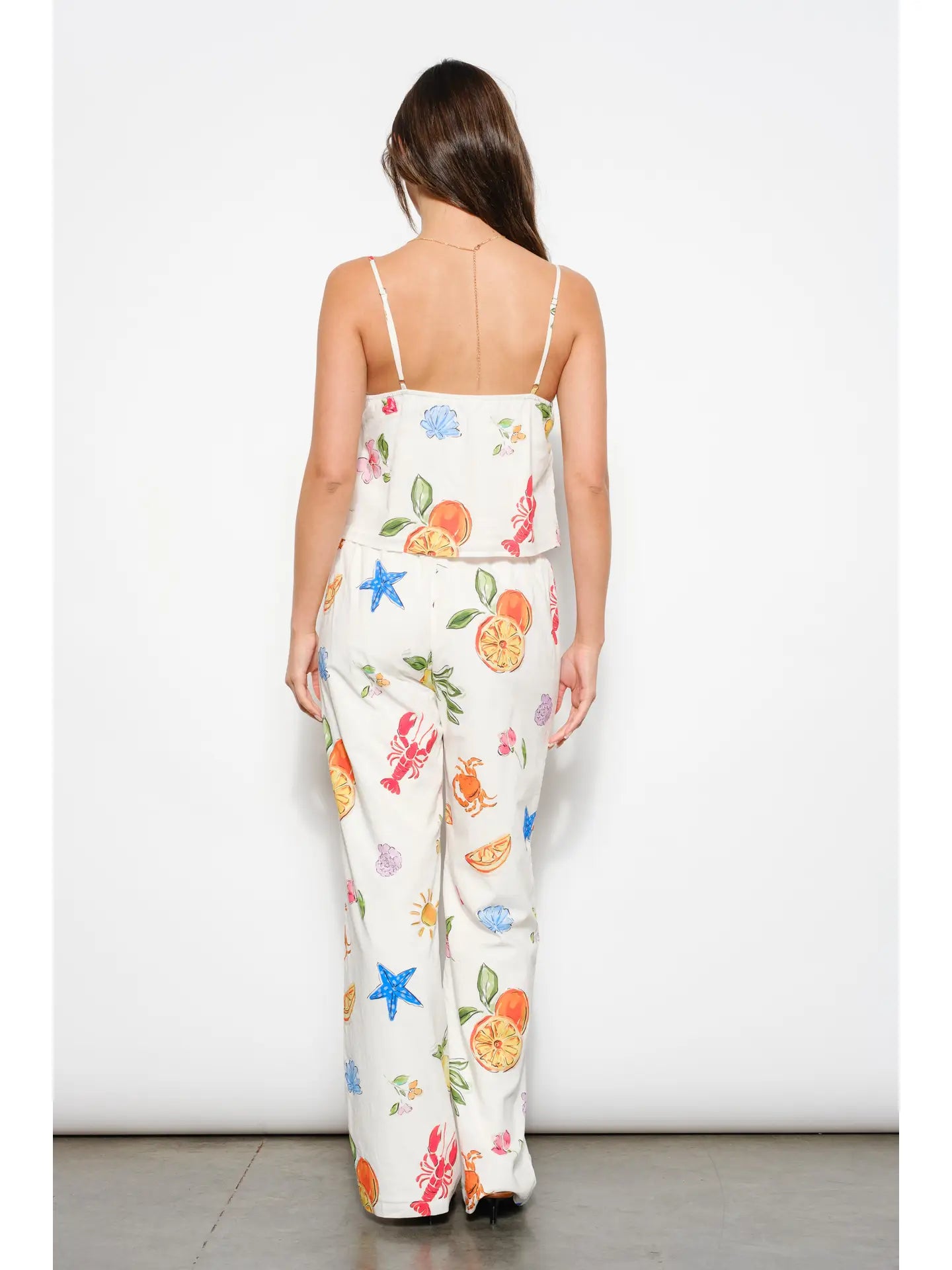 White Tropical Fruit & Sea Life Print Spaghetti Strap Top