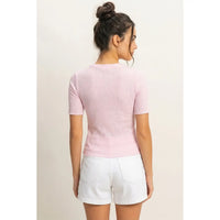 Pink Sheer Ribbed Short Sleeve Fitted Top