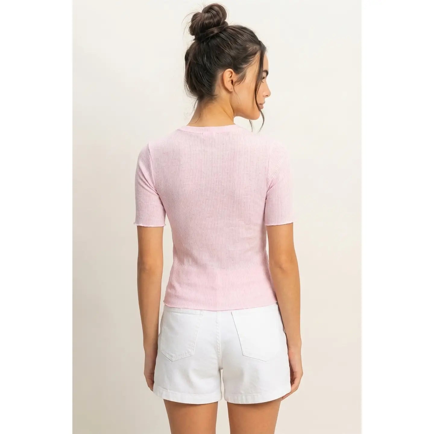 Pink Sheer Ribbed Short Sleeve Fitted Top