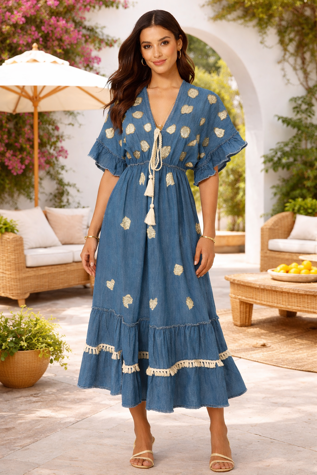 Blue Boho Midi Dress with Ivory Embroidery and Tassel Tie Waist