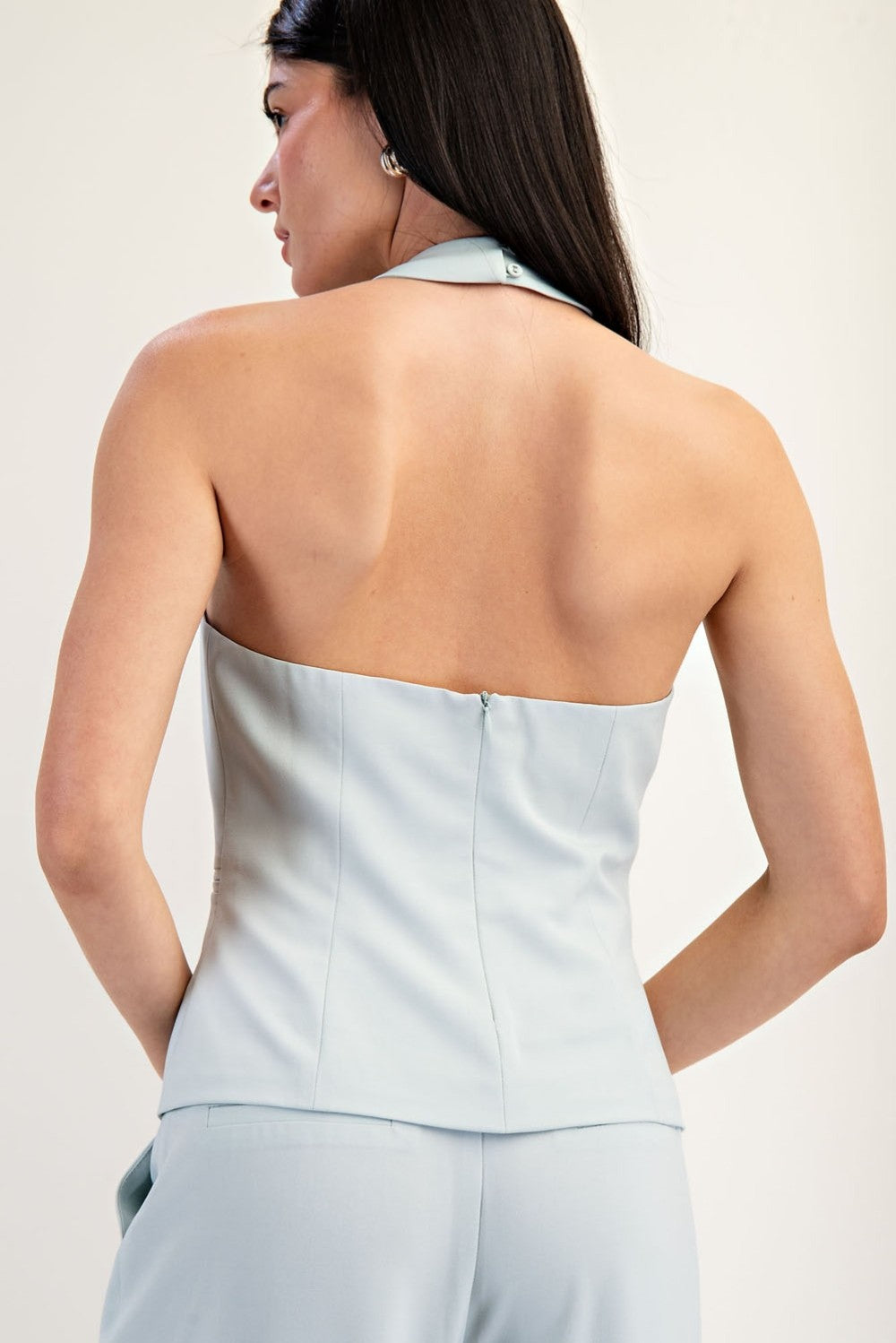 Ice Blue Halter Neck Blazer Vest – Chic Button-Up Waistcoat
