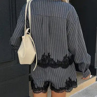 Pinstripe Button Down Shirt & Lace Trim Shorts Matching Set
