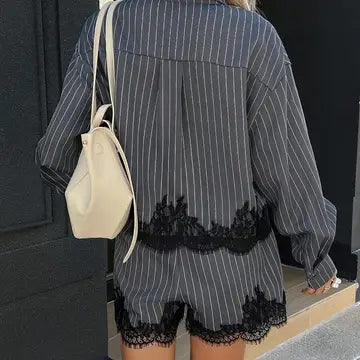 Pinstripe Button Down Shirt & Lace Trim Shorts Matching Set