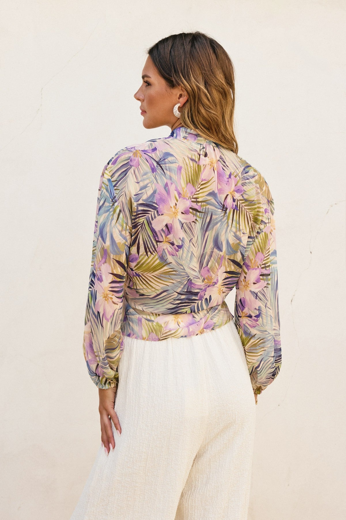 Tropical Lilac & Green Tie-Front Sheer Blouse
