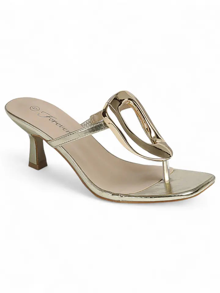 Gold Metallic Sculptural Thong Kitten Heel Sandals