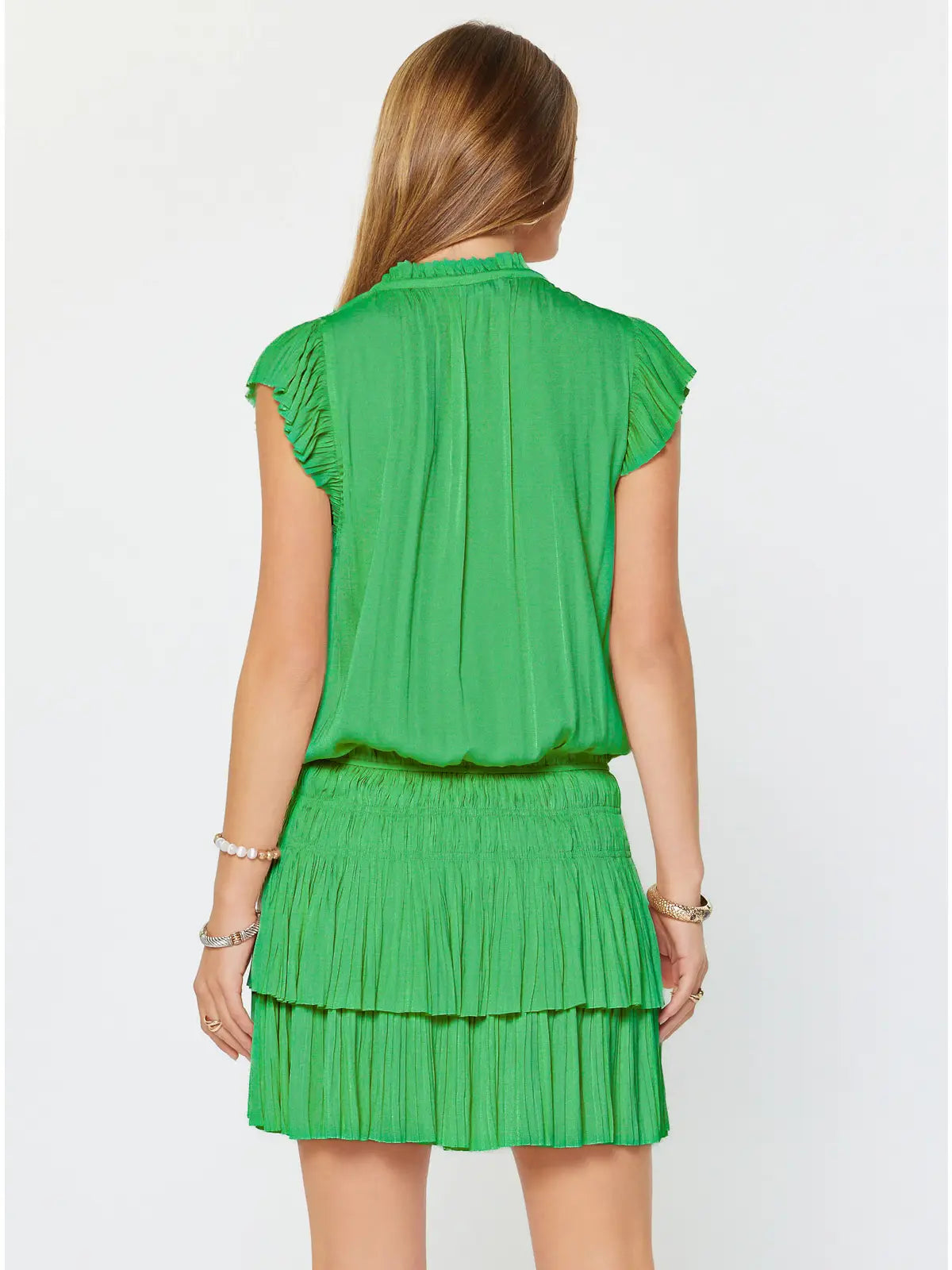 Green Satin Ruffle Sleeve Tiered Mini Dress with Smocked Waist