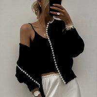 Pearl Trim Textured Knit Cropped Cardigan