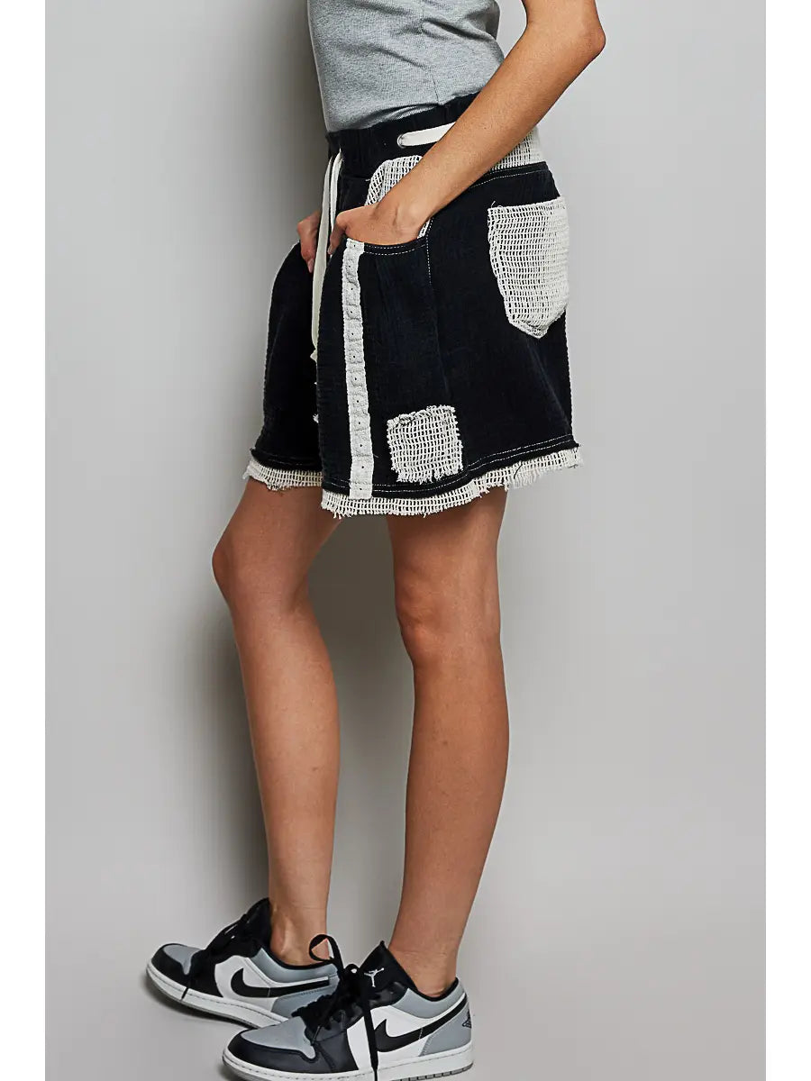 Vintage Crochet Patch Drawstring Casual Shorts
