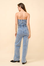 Strapless Tube Cut Out Knee Rhinestone Denim Jumpsuit