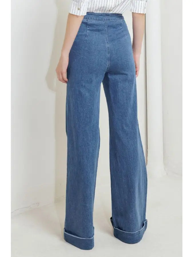 High-Waisted Flare Denim Jeans with Gold Button Detail