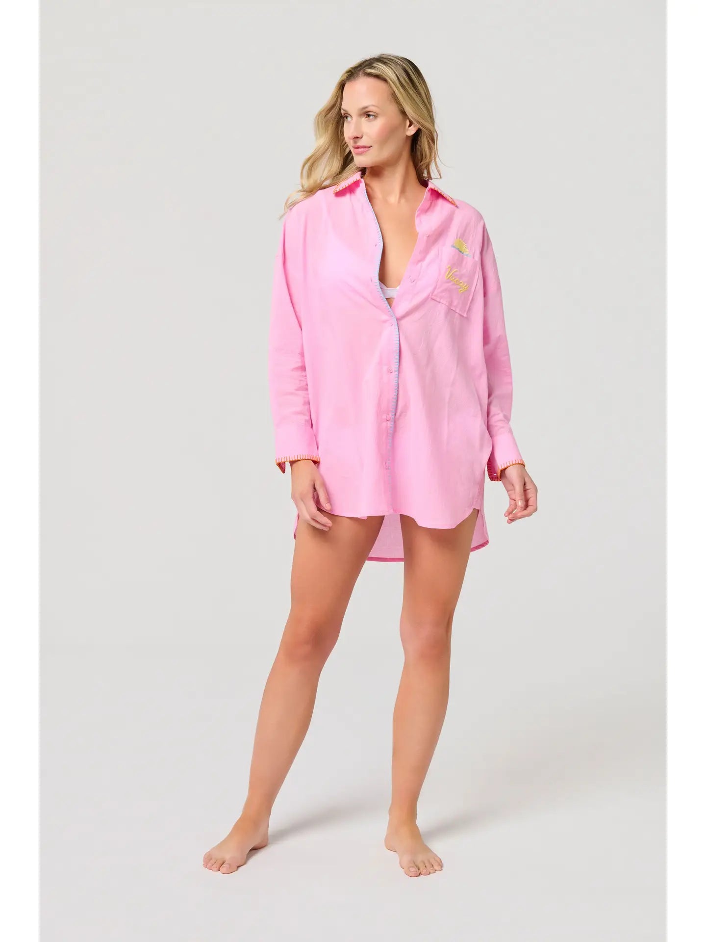 Embroidered “Vacay” Pink Button Down Cover-Up Shirt Dress