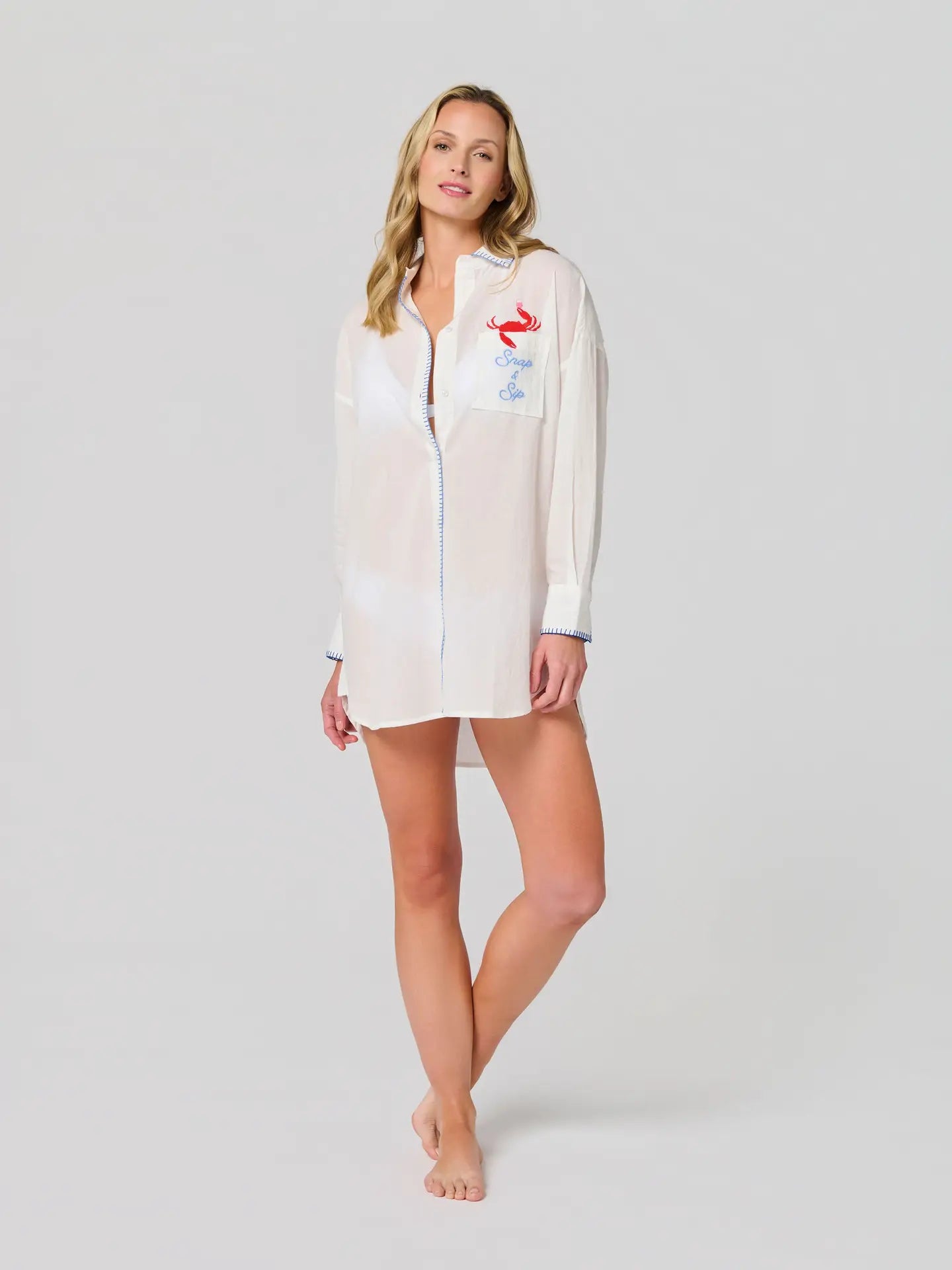 Crab Embroidered “Snaps & Sips” Sheer Button Down Cover-Up Shirt