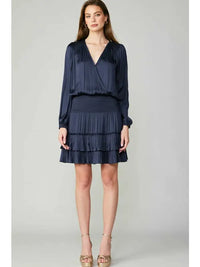 Navy Satin Pleated Tiered Mini Dress with Smocked Waist