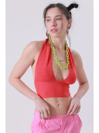 Orange Ribbed Halter Neck Crop Top with Deep V Neckline