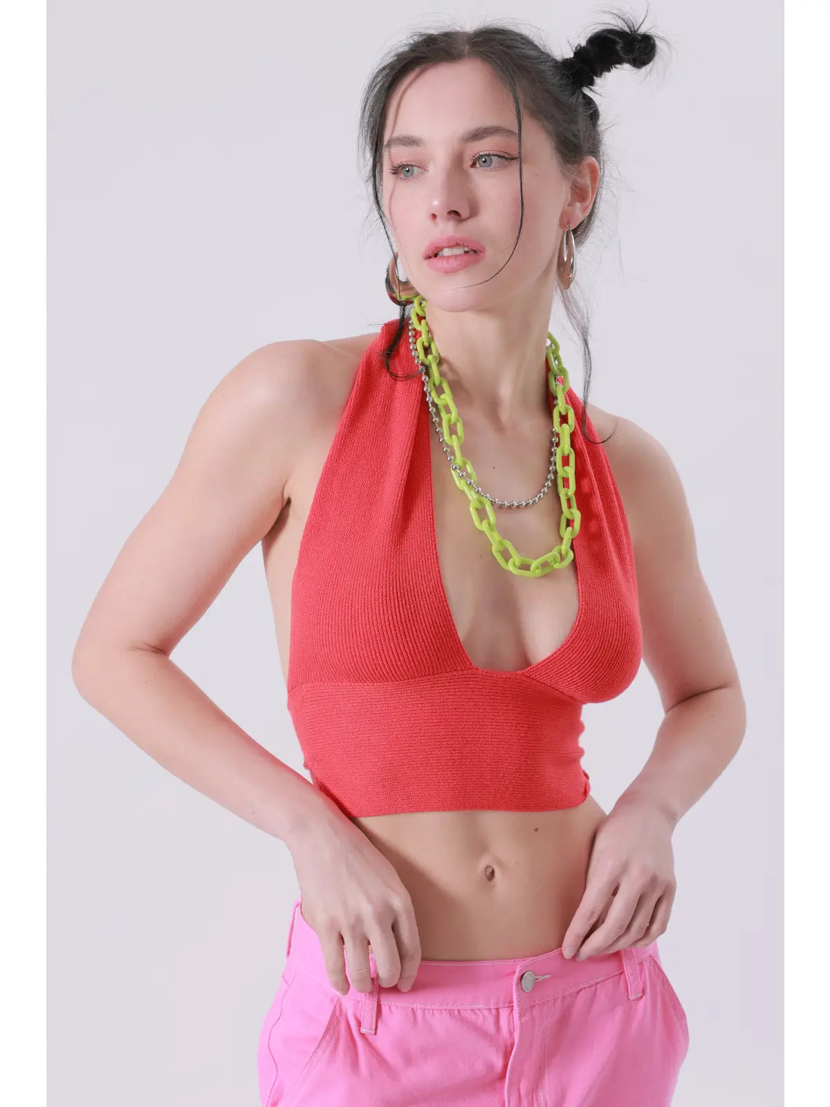 Orange Ribbed Halter Neck Crop Top with Deep V Neckline