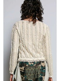 Textured Long Sleeve Knit Top with Lace Trim and Ruffle Hem Cream
