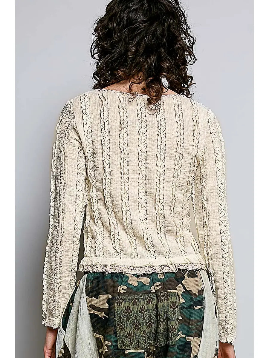 Textured Long Sleeve Knit Top with Lace Trim and Ruffle Hem Cream