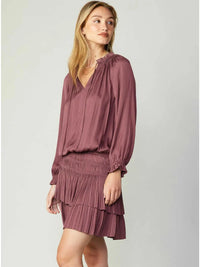 Rose Pink Pleated Tiered Mini Dress with Smocked Waist and Long Sleeves