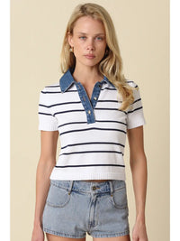 Striped Knit Polo Top with Denim Collar and Cropped Fit