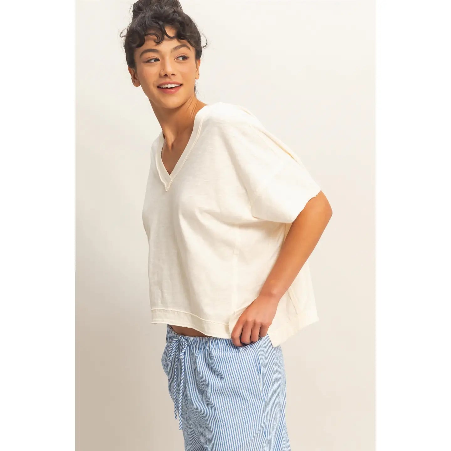 Cream Green Oversized V-Neck Raw Edge Tee