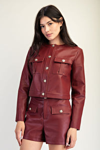 Red Vegan Leather Gold Button Jacket