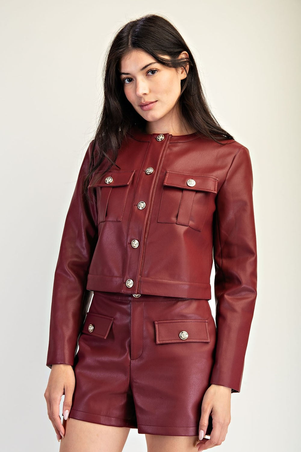 Red Vegan Leather Gold Button Jacket