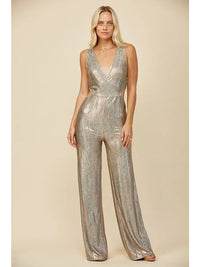 Metallic Pleated Wide Leg Cutout Jumpsuit
