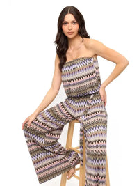 Green Multi Zigzag Print Strapless Wide Leg Jumpsuit with Belt