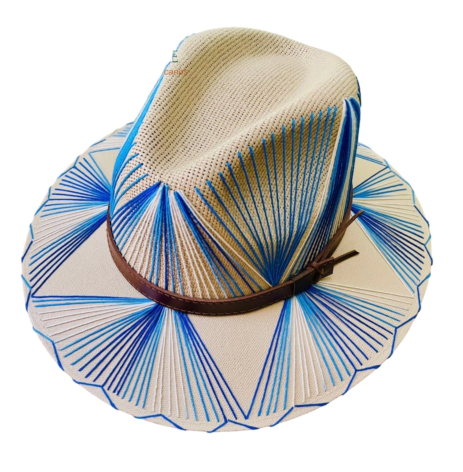 Straw Wide Brim Hat with Blue Geometric Thread Detail